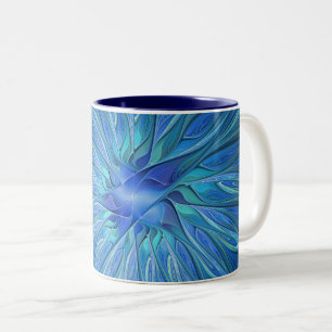 Caneca De Café Em Dois Tons Padrão de fantasia de flores azuis, arte frontal A
