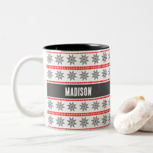 Caneca De Café Em Dois Tons Padrão de floco de neve de Natal nórdico cinza ver