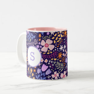 Caneca De Café Em Dois Tons Padrão de Flor de Aquarela Colorida Monograma de P