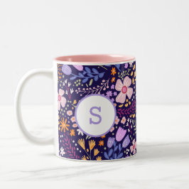 Caneca De Café Em Dois Tons Padrão de Flor de Aquarela Colorida Monograma de P