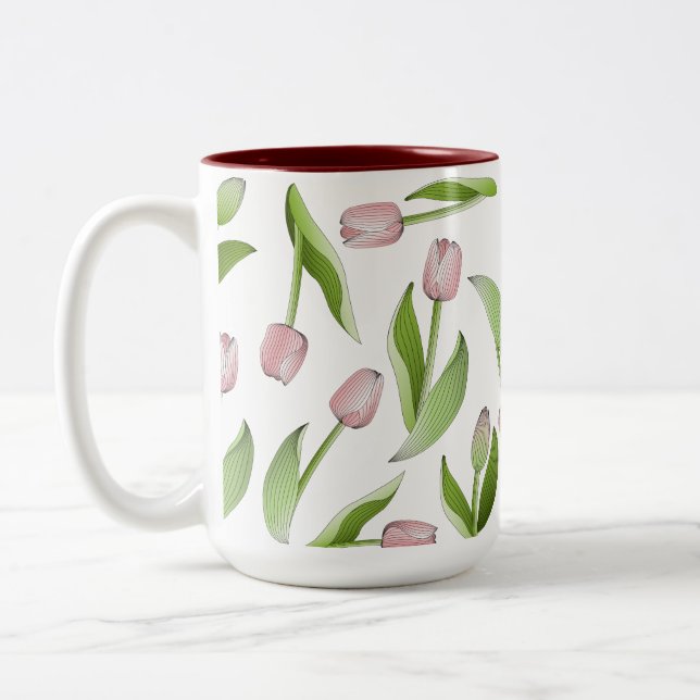 Caneca De Café Em Dois Tons Padrão de Flor de Tulipa Rosa Moderna (Esquerda)