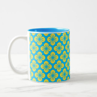 Caneca De Café Em Dois Tons Padrão de Flor em Amarelo e Turquesa