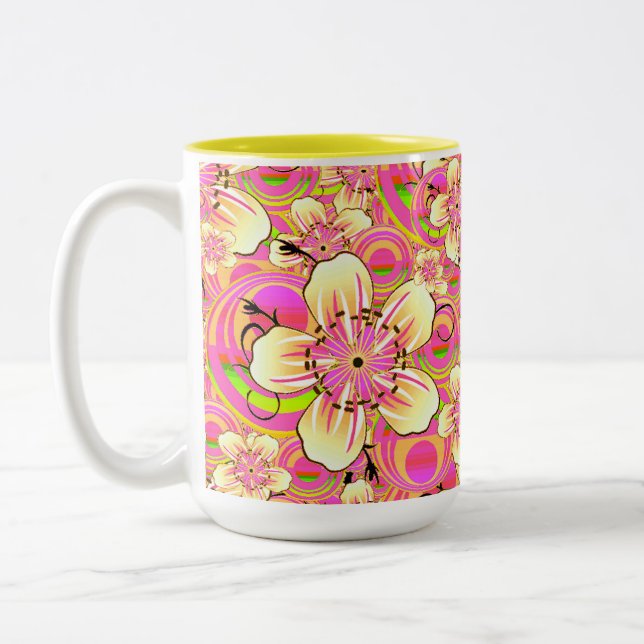 Caneca De Café Em Dois Tons padrão de flor rosa groovy (Esquerda)