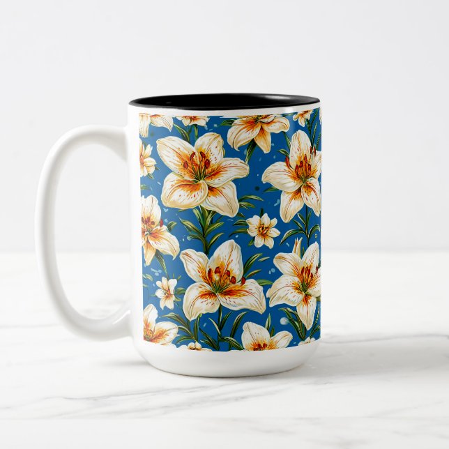 Caneca De Café Em Dois Tons padrão de flores de lírio (Esquerda)
