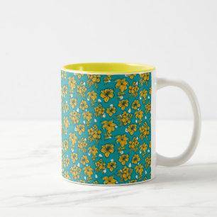 Caneca De Café Em Dois Tons Padrão de Flores de Teal Amarelo