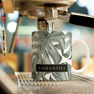 Caneca De Café Em Dois Tons Padrão de Folhas de Oásis Moderna de Aquarela Trop