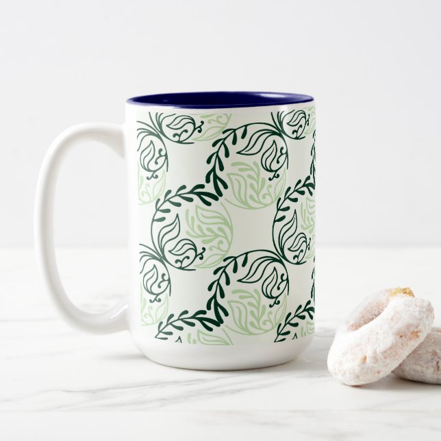 Caneca De Café Em Dois Tons Padrão de Folhas e Trepadeiras Verde Luxuriante (Com Donut)