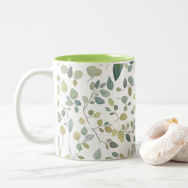 Caneca De Café Em Dois Tons Padrão de Folhas Verde de Aquarela (Com Donut)