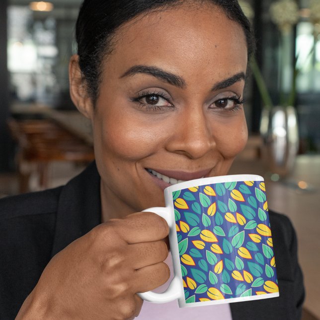 Caneca De Café Em Dois Tons Padrão de Folhas Verde e Amarelo (leaves mug)
