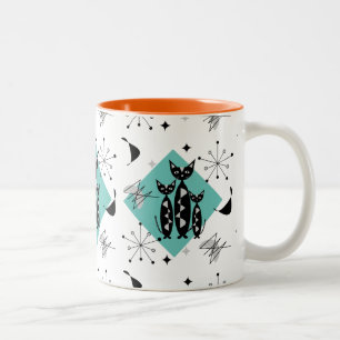 Caneca De Café Em Dois Tons Padrão de Gatos de Retro do Meio século Moderno
