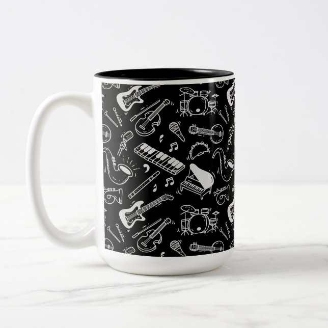 Caneca De Café Em Dois Tons Padrão de instrumentos preto e branco (Esquerda)