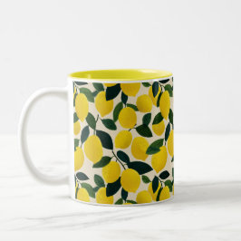 Caneca De Café Em Dois Tons Padrão de Limões Amarelos Frutas Cítricas Mediterr