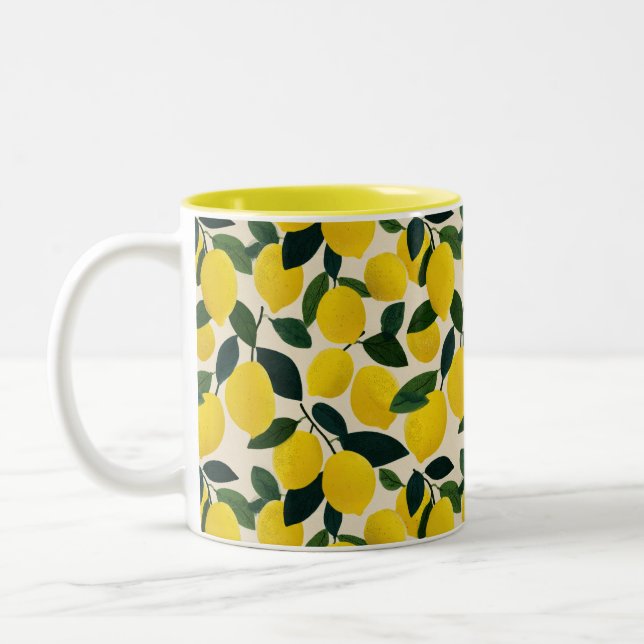 Caneca De Café Em Dois Tons Padrão de Limões Amarelos Frutas Cítricas Mediterr (Esquerda)