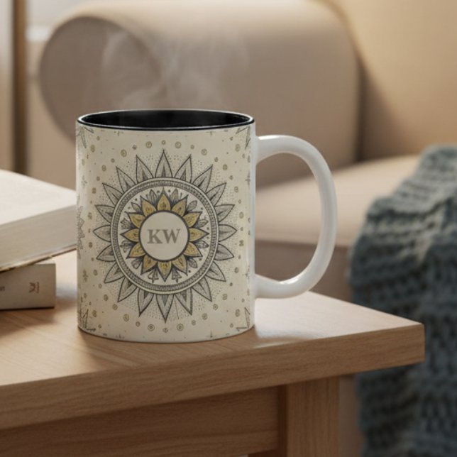 Caneca De Café Em Dois Tons Padrão de Mandala Gray Gold (Criador carregado)