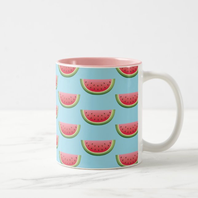 Caneca De Café Em Dois Tons Padrão de Melancia em Fundo Azul (Direita)