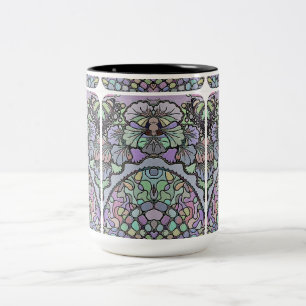 Caneca De Café Em Dois Tons Padrão de mosaico de pansos abstrato púrpura flora