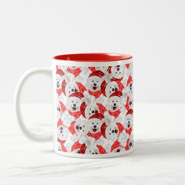 Caneca De Café Em Dois Tons Padrão de Natal Samoyed Engraçado (Esquerda)