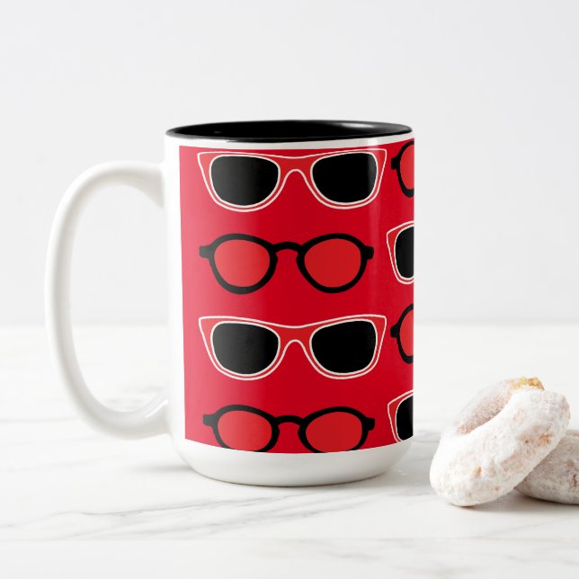 Caneca De Café Em Dois Tons Padrão de Óculos de Sol Preto Vermelho (Com Donut)