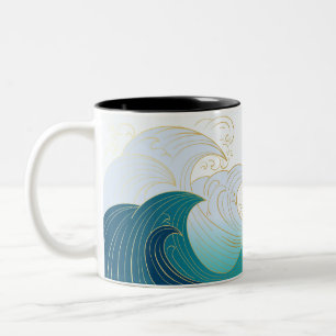 Caneca De Café Em Dois Tons Padrão de onda japonês luxuoso