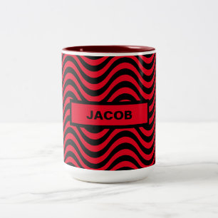 Caneca De Café Em Dois Tons Padrão de onda vermelho e preto SVG Nome personali