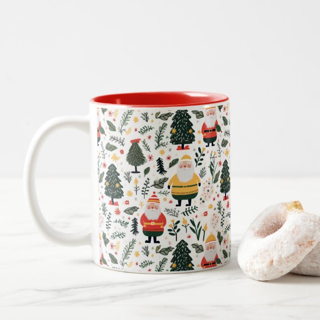 Caneca De Café Em Dois Tons Padrão de Papais noeis Festivos (Com Donut)
