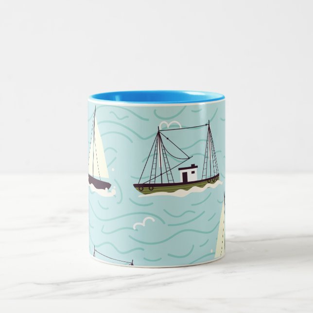 Caneca De Café Em Dois Tons Padrão de pesca náutica (Centro)