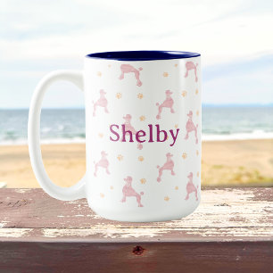 Caneca De Café Em Dois Tons Padrão de Poodle rosa pastel personalizado