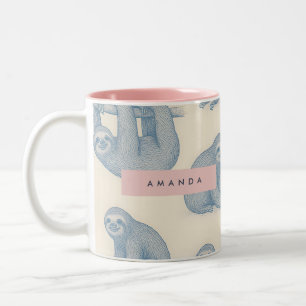 Caneca De Café Em Dois Tons Padrão de Preguiça Azul Elegante e Encantador Pers