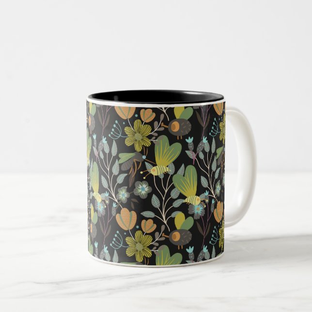 Caneca De Café Em Dois Tons Padrão de Primavera escuro (Frente Esquerda)