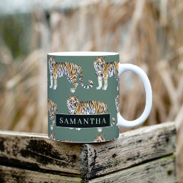 Caneca De Café Em Dois Tons Padrão De Tigres De Aquarela Verde Tropical Com No