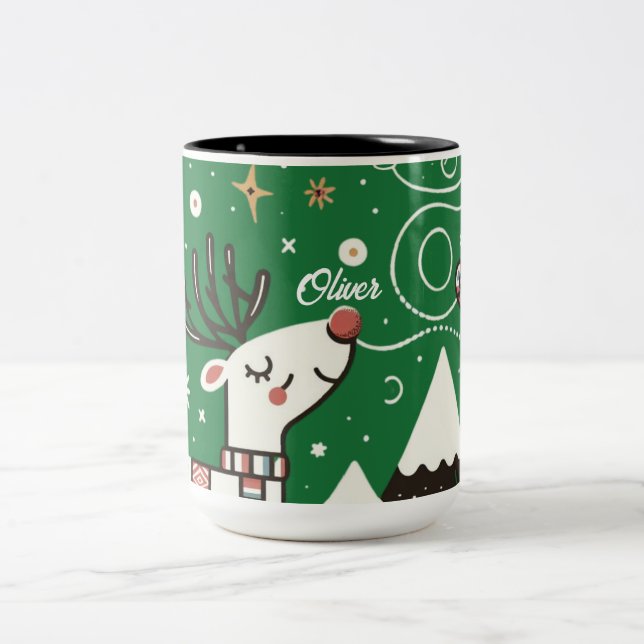 Caneca De Café Em Dois Tons Padrão Divertido de Rena Nórdica (Centro)