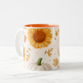Caneca De Café Em Dois Tons Padrão do Autumn Pumpkins & Sunflower