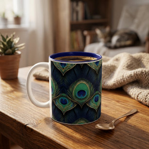 Caneca De Café Em Dois Tons Padrão Elegante de Pena de Pavão em Tom de Joia Pr