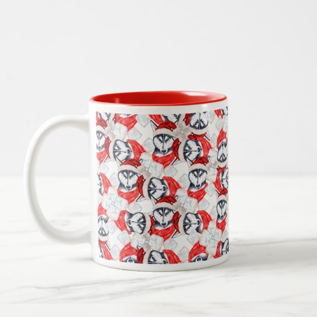 Caneca De Café Em Dois Tons Padrão engraçado de Natal do Husky Siberiano (Esquerda)