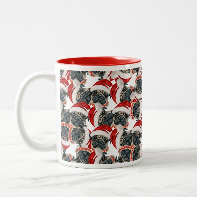Caneca De Café Em Dois Tons Padrão engraçado de Natal Pug (Esquerda)