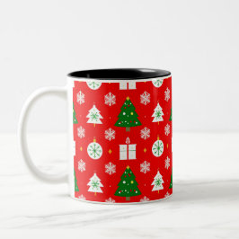 Caneca De Café Em Dois Tons Padrão Festivo de Natal com Árvores, Flocos de Nev