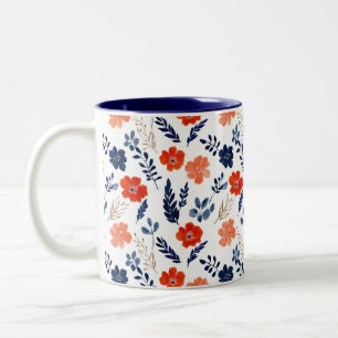 Caneca De Café Em Dois Tons Padrão Floral Azul e Laranja da Aquarela BOHO