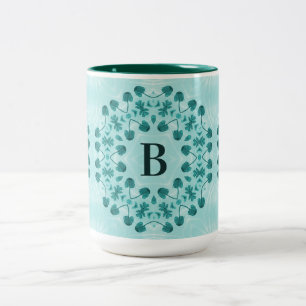 Caneca De Café Em Dois Tons Padrão Floral, Azul Teal Inicial