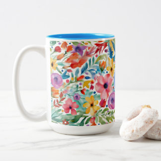 Caneca De Café Em Dois Tons Padrão Floral bonito de Flor Selvagem com Monogram