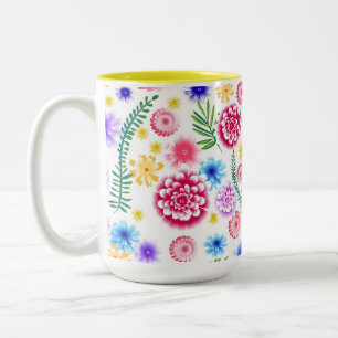 Caneca De Café Em Dois Tons Padrão floral contínuo em um fundo branco.