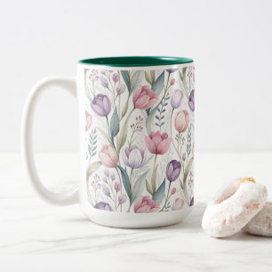 Caneca De Café Em Dois Tons Padrão Floral das Tulipas Escandinavas