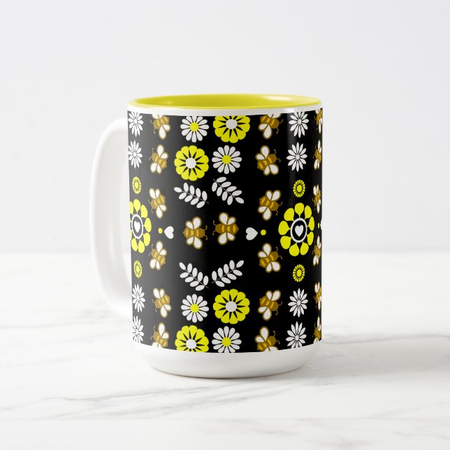 Caneca De Café Em Dois Tons Padrão Floral de Abelha Botânica (Frente Esquerda)
