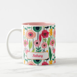 Caneca De Café Em Dois Tons Padrão Floral de Aquarela com Nome