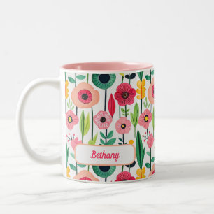 Caneca De Café Em Dois Tons Padrão Floral de Aquarela com Nome