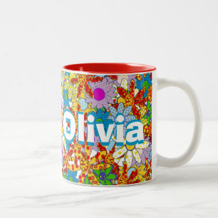 Caneca De Café Em Dois Tons Padrão Floral de Monograma ou Nome Personalizado
