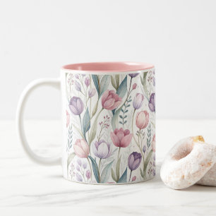 Caneca De Café Em Dois Tons Padrão Floral de Tulipa Escandinava