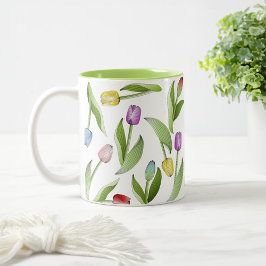 Caneca De Café Em Dois Tons Padrão Floral de Tulipas Coloridas Modernas e Eleg