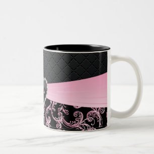 Caneca De Café Em Dois Tons Padrão Floral Elegante Preto e Rosa