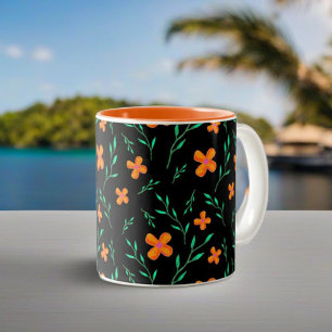 Caneca De Café Em Dois Tons Padrão Floral em Aquarela Preto e Laranja Elegante