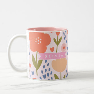 Caneca De Café Em Dois Tons Padrão floral folk fofo nórdico rosa personalizado